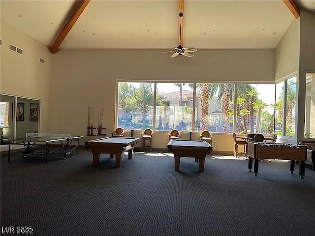 recreation room featuring ceiling fan, pool table, carpet floors, high vaulted ceiling, and beamed ceiling