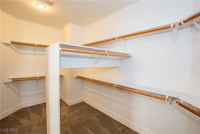 spacious closet featuring dark colored carpet