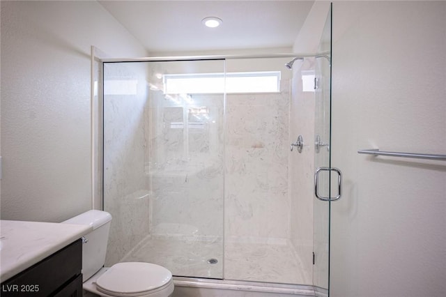 full bathroom featuring toilet, a stall shower, and vanity