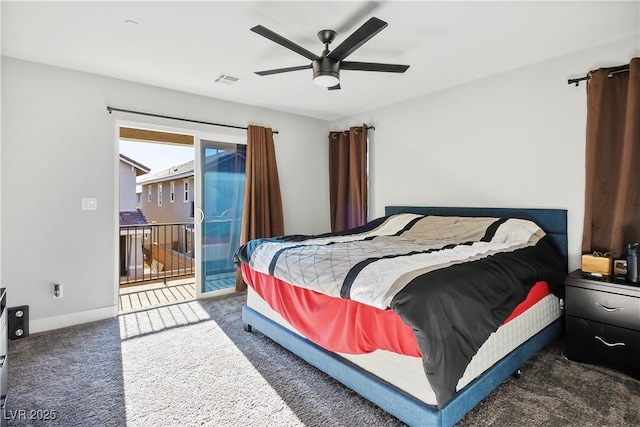 bedroom with ceiling fan, access to outside, and dark colored carpet