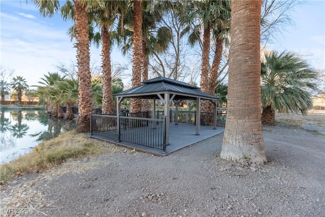 view of yard with a water view and a gazebo