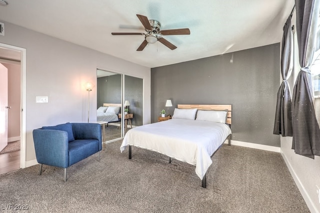 carpeted bedroom with ceiling fan and a closet