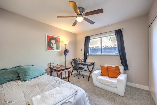 bedroom featuring carpet floors and ceiling fan