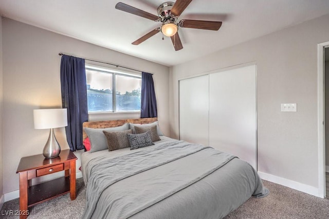 bedroom featuring carpet, a closet, and ceiling fan