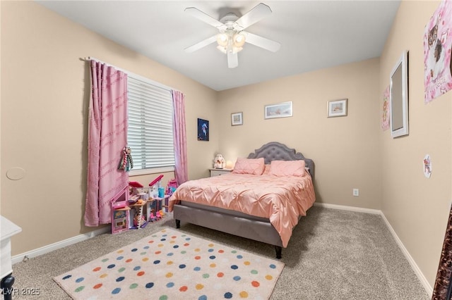 bedroom with ceiling fan and carpet