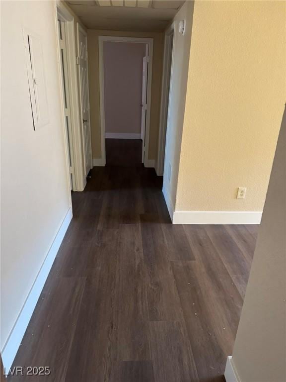 corridor with dark hardwood / wood-style flooring and electric panel