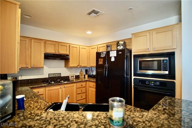 kitchen featuring sink, light brown cabinets, dark stone counters, and black appliances