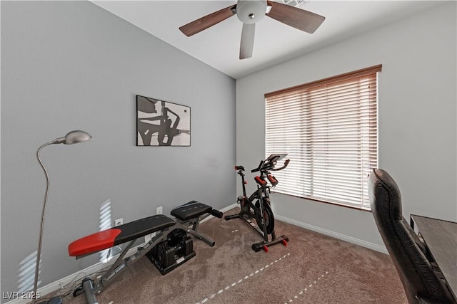 exercise area with vaulted ceiling, ceiling fan, and carpet floors