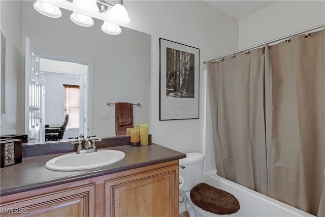 full bathroom featuring toilet, vanity, and shower / bathtub combination with curtain