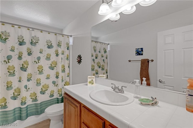 full bathroom with toilet, vanity, and shower / bathtub combination with curtain