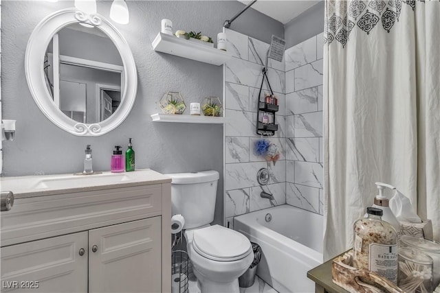 full bathroom featuring toilet, vanity, and shower / tub combo with curtain