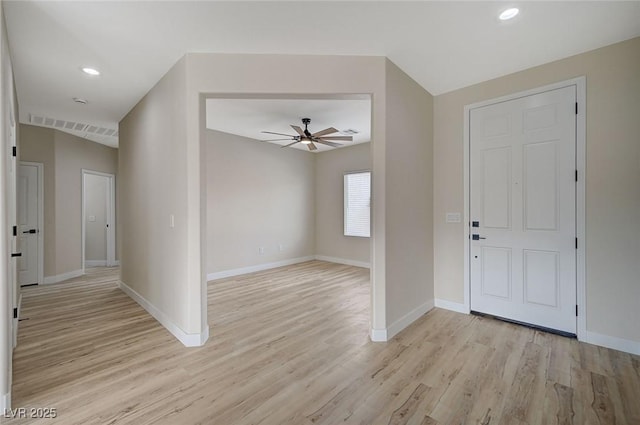 entrance foyer featuring light wood-type flooring and ceiling fan