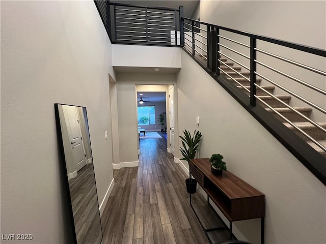 interior space with a high ceiling and dark wood-type flooring