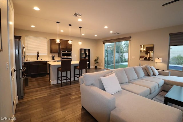 living room with dark wood-type flooring and sink