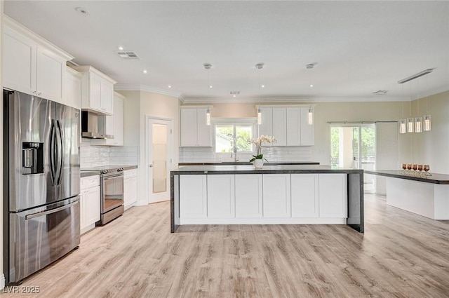 kitchen featuring white cabinetry, stainless steel appliances, and pendant lighting