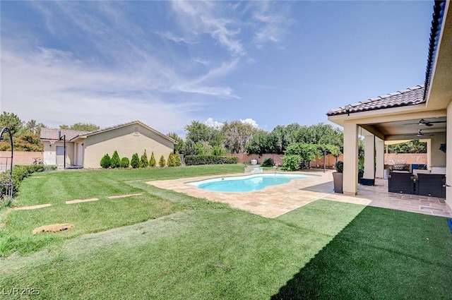 view of pool with ceiling fan, an outdoor living space, a lawn, and a patio