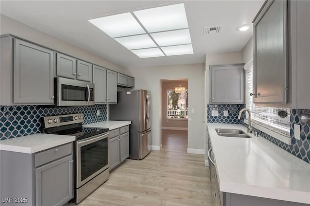 kitchen featuring gray cabinets, sink, an inviting chandelier, light hardwood / wood-style flooring, and appliances with stainless steel finishes