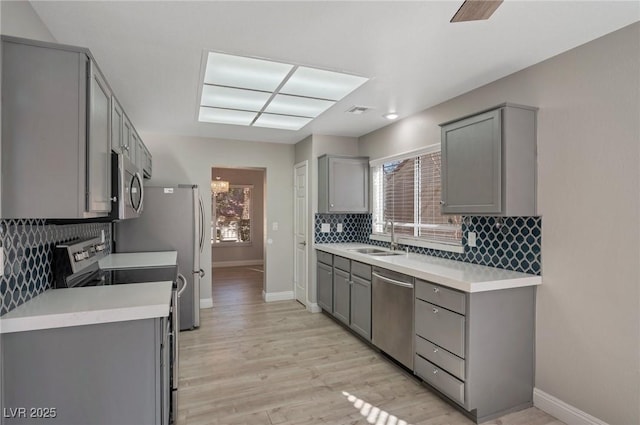 kitchen featuring appliances with stainless steel finishes, gray cabinetry, backsplash, light hardwood / wood-style flooring, and sink