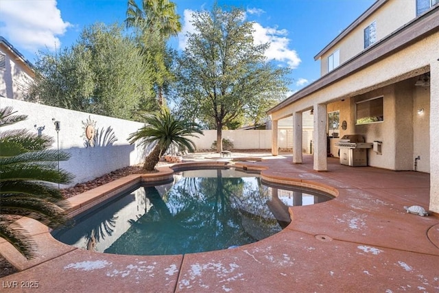 view of pool featuring a grill and a patio