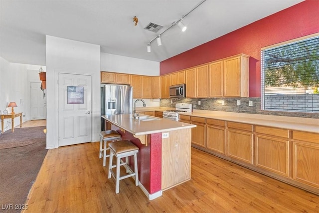 kitchen featuring a breakfast bar area, appliances with stainless steel finishes, a kitchen island with sink, light hardwood / wood-style flooring, and sink