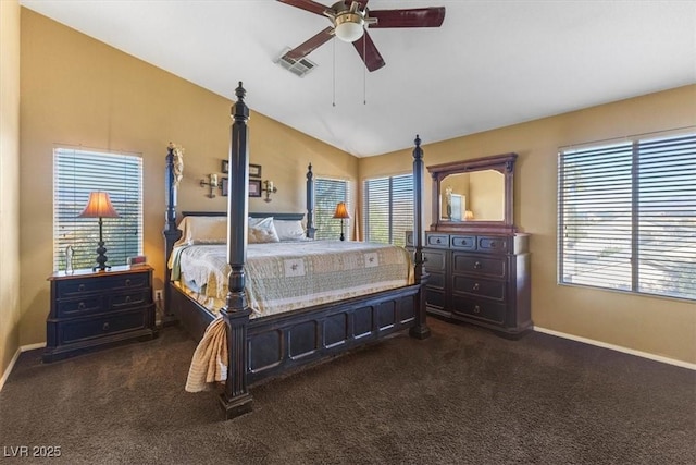 carpeted bedroom featuring ceiling fan and vaulted ceiling