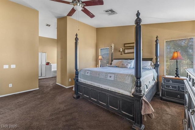 bedroom with ceiling fan and dark carpet