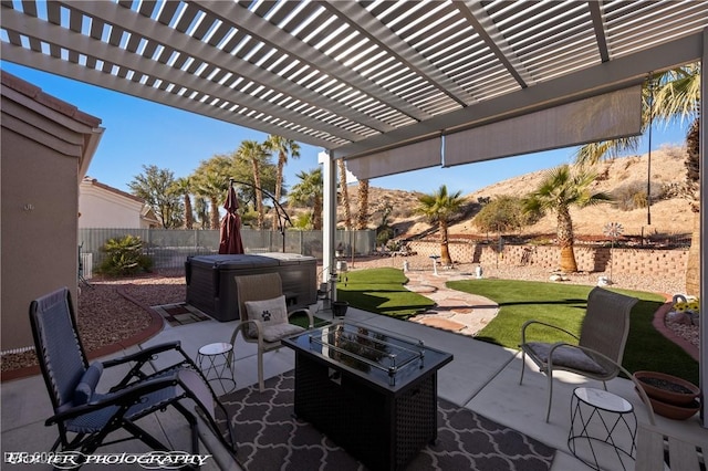 view of patio featuring a pergola and a hot tub