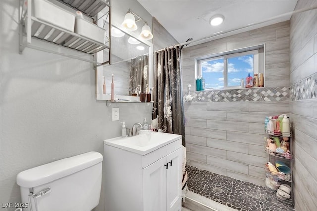 bathroom featuring toilet, a shower with curtain, and vanity