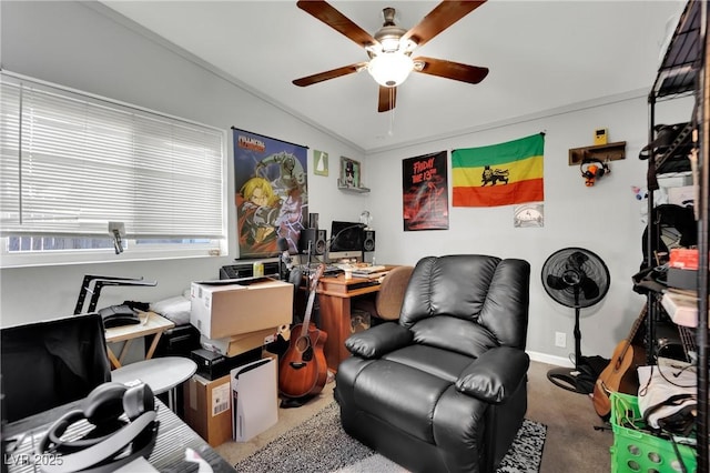 office space with ceiling fan, ornamental molding, and vaulted ceiling