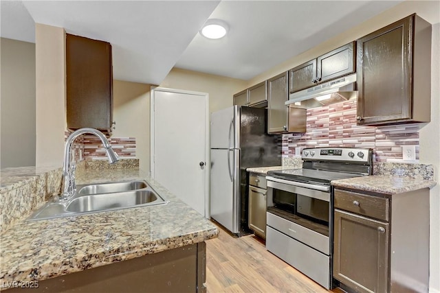 kitchen with decorative backsplash, sink, light wood-type flooring, appliances with stainless steel finishes, and dark brown cabinets