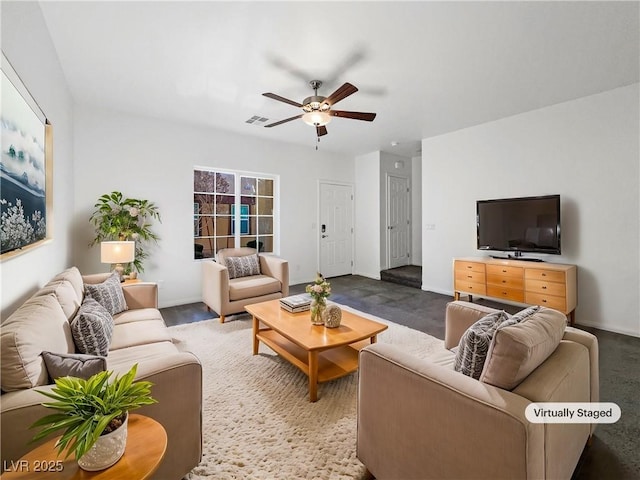 living room with ceiling fan