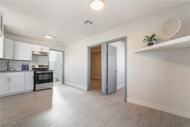 kitchen featuring light wood-type flooring, white cabinetry, stainless steel electric range oven, and backsplash