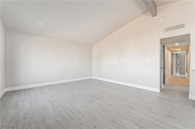 unfurnished room featuring light hardwood / wood-style floors, high vaulted ceiling, and beam ceiling