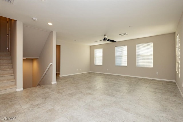 spare room with baseboards, visible vents, a ceiling fan, and recessed lighting