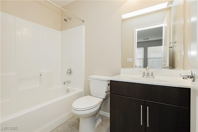 full bath featuring  shower combination, tile patterned flooring, vanity, and toilet