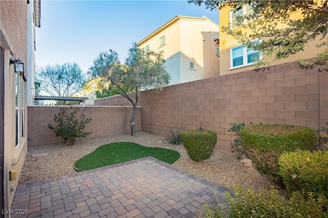 view of yard with a patio and a fenced backyard