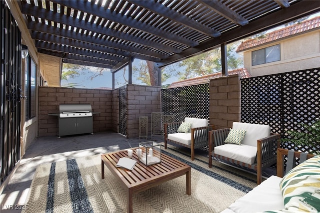 view of patio featuring grilling area, a pergola, and outdoor lounge area