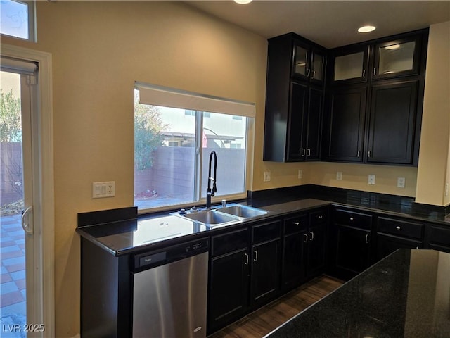 kitchen with stainless steel dishwasher, plenty of natural light, sink, and dark wood-type flooring