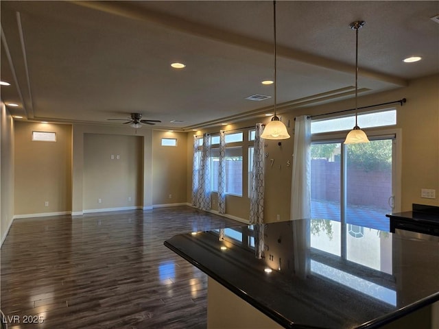 kitchen with ceiling fan, stainless steel dishwasher, hanging light fixtures, and dark hardwood / wood-style floors