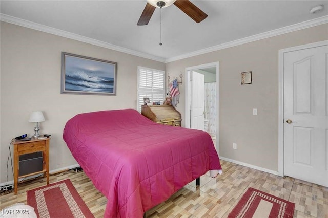 bedroom featuring ceiling fan and crown molding