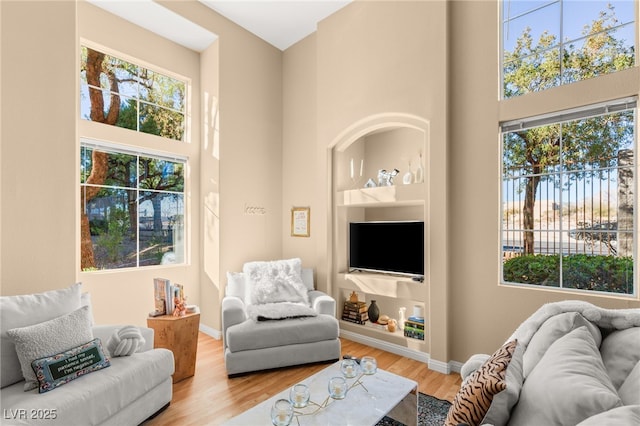 living room featuring a high ceiling and light hardwood / wood-style floors