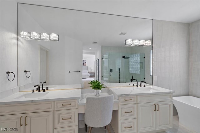 bathroom featuring vanity and plus walk in shower