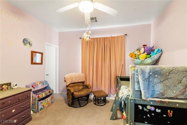 carpeted bedroom featuring ceiling fan