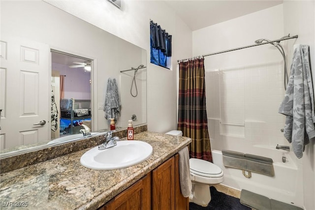 full bathroom featuring vanity, toilet, tile patterned floors, and shower / bath combo with shower curtain