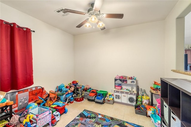 recreation room with ceiling fan