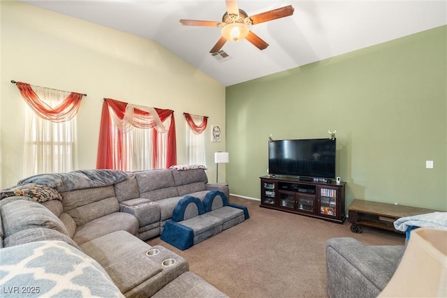 carpeted living room featuring lofted ceiling and ceiling fan