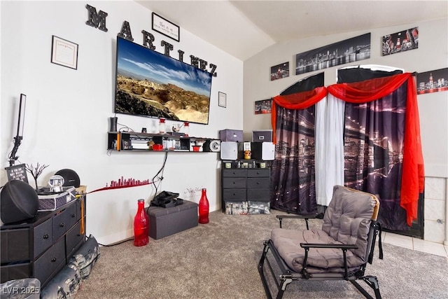 carpeted bedroom featuring lofted ceiling