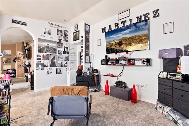 sitting room featuring carpet floors and lofted ceiling