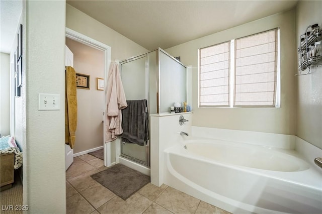 bathroom with tile patterned flooring and plus walk in shower