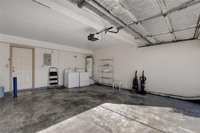 garage featuring separate washer and dryer, electric panel, and a garage door opener